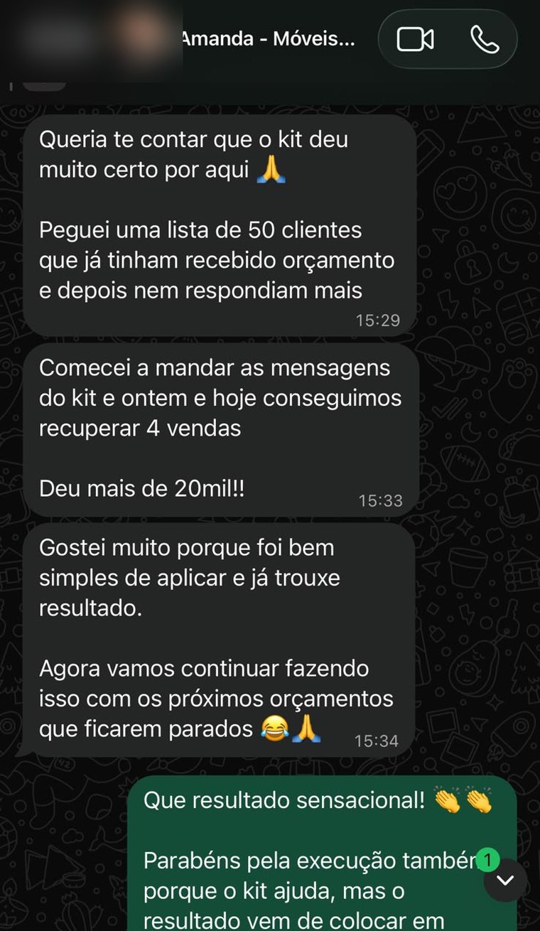Mensagem de Amanda contando que recuperou 4 vendas com o kit