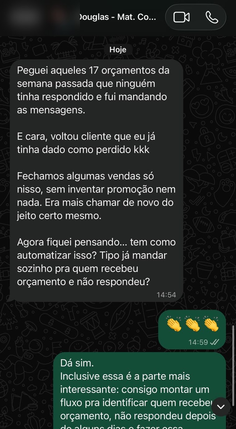 Mensagem de Douglas contando que recuperou clientes com o kit